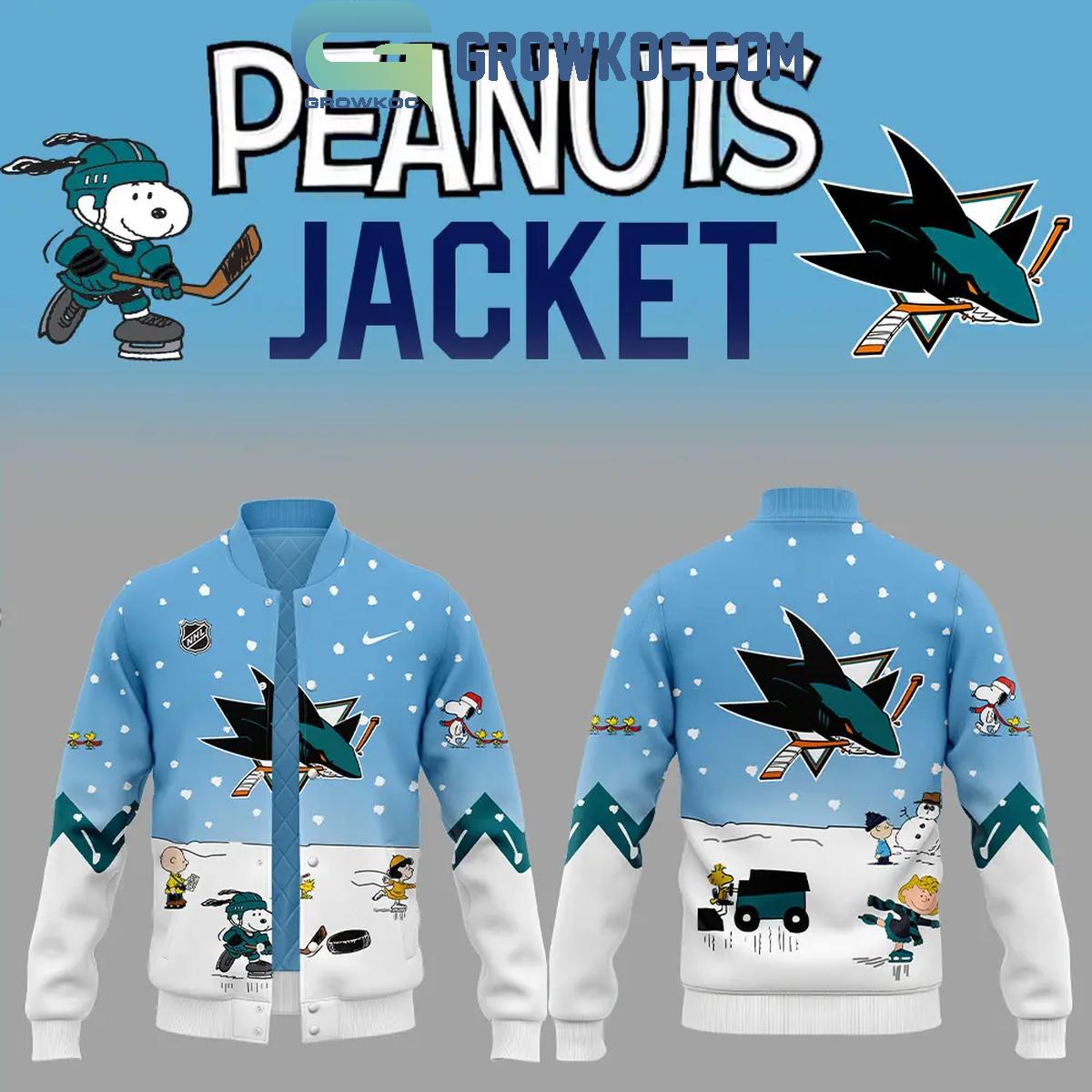 San Jose Sharks Snoopy Celebrating Peanuts Winter Break 2024 Baseball Jacket 1 OLFcY
