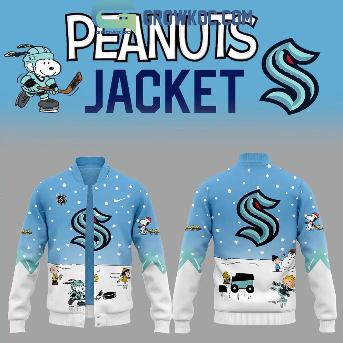 Seattle Kraken Snoopy Celebrating Peanuts Winter Break 2024 Baseball Jacket 1 QbH1z