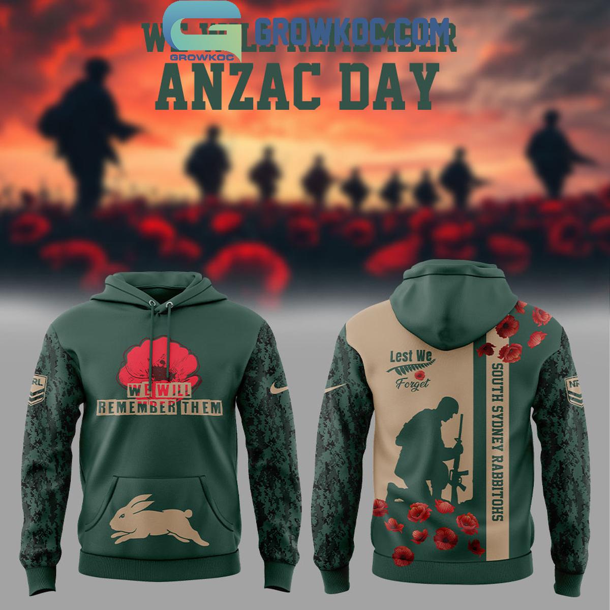 South Sydney Rabbitohs We Will Remember Anzac Day Hoodie T Shirt 1 OpZjU