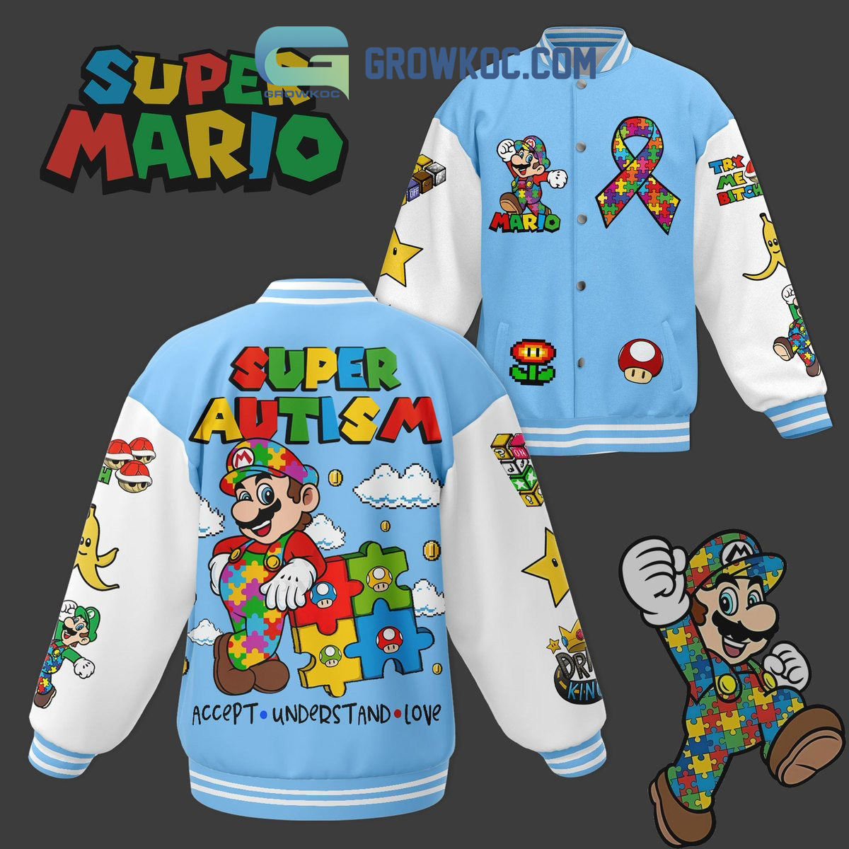 Super Mario Super Autism Accept Understand Love Fan Baseball Jacket2B1 d9u3c