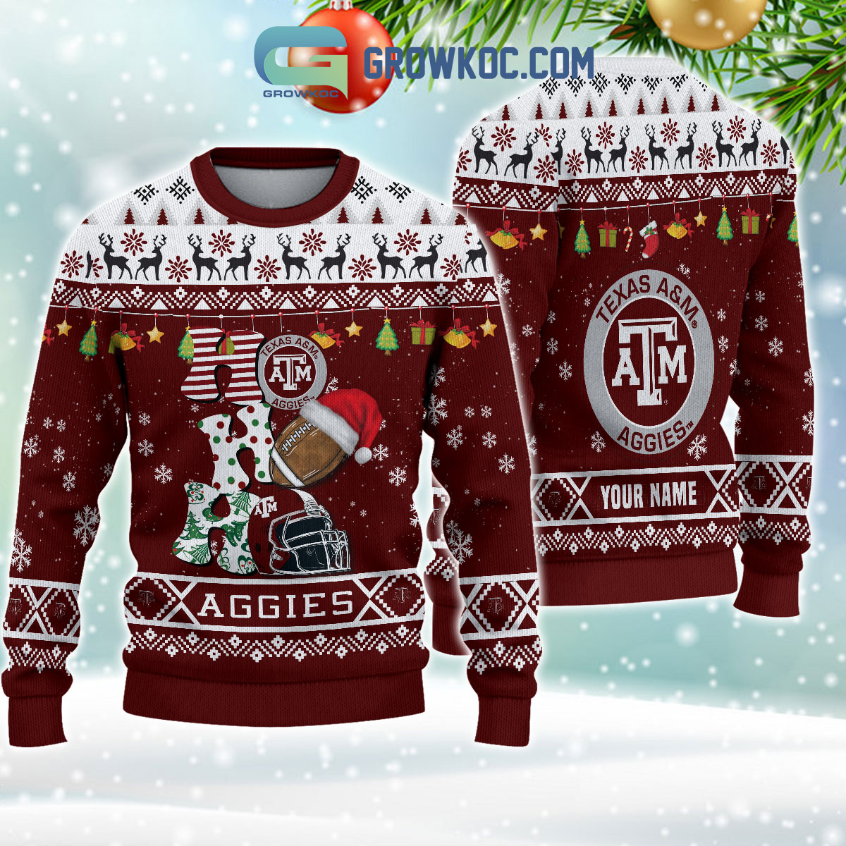 Texas A26amp3BM Aggies NCAA Ho Ho Ho Snow Christmas Personalized Ugly Sweater2B1 BEWVA