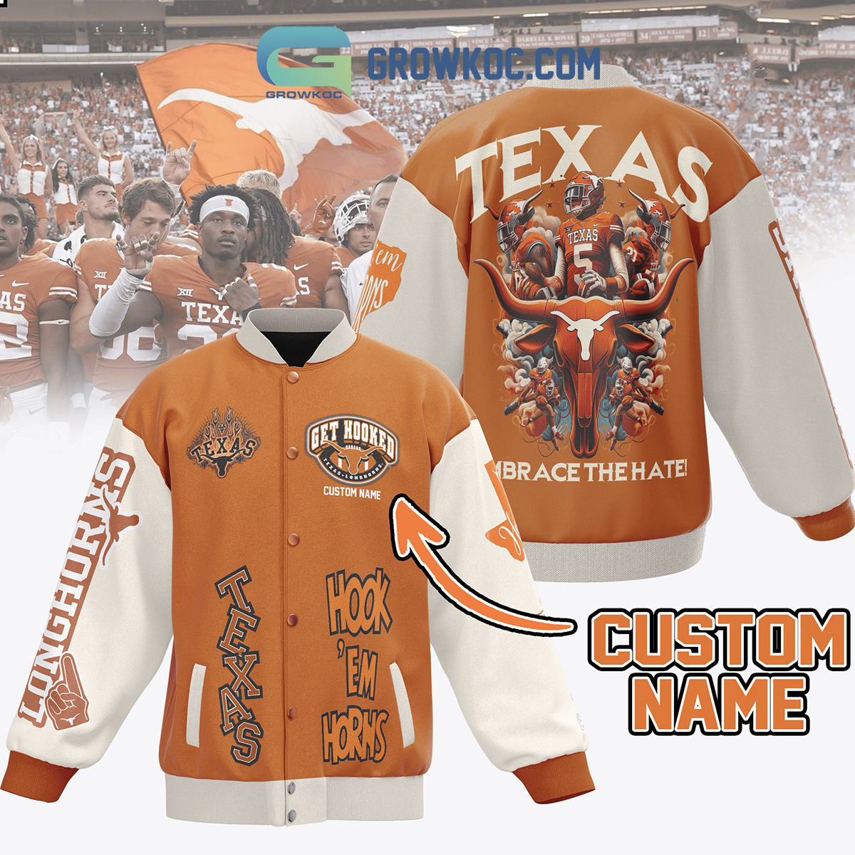 Texas Longhorns Get Hooked Embrace The Hate Personalized Baseball Jacket2B1 76fkL