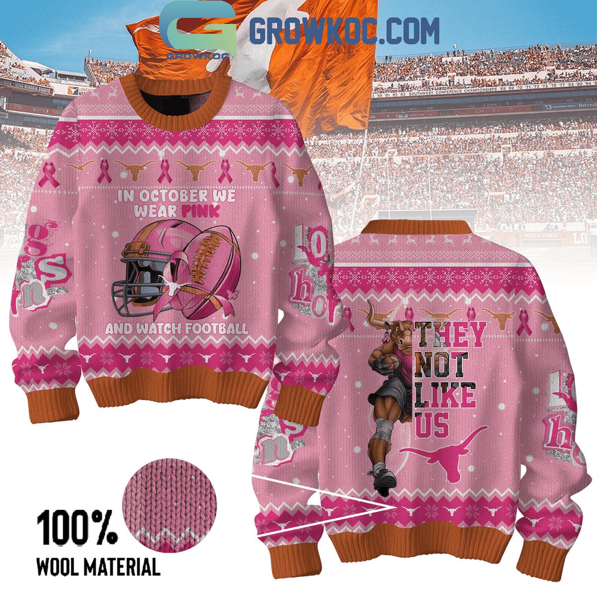 Texas Longhorns In October We Wear Pink And Watch Football Ugly Sweater 1 WaSSN
