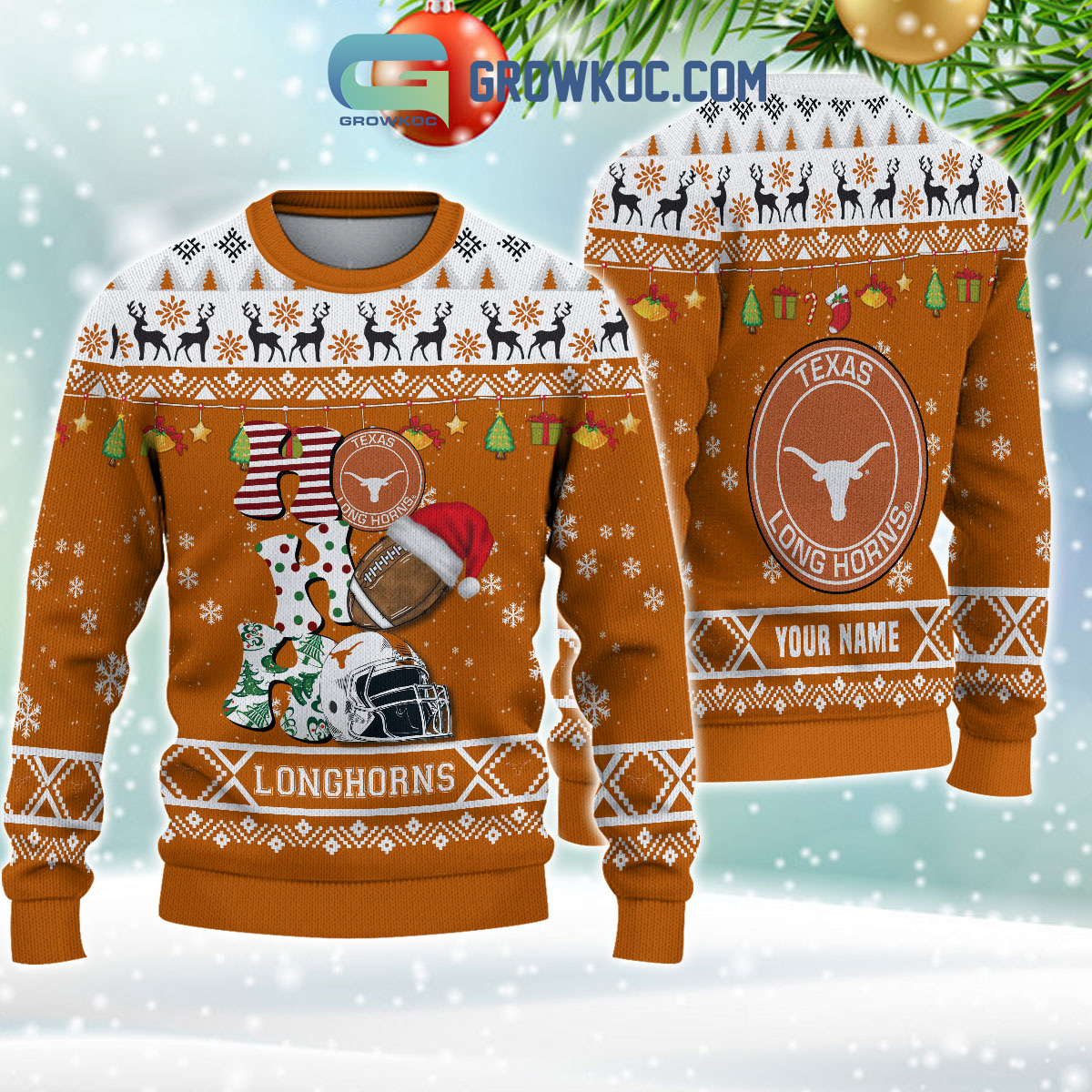 Texas Longhorns NCAA Ho Ho Ho Snow Christmas Personalized Ugly Sweater2B1 aeuIg