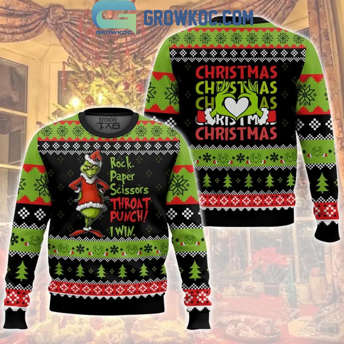 The Grinch Rock Paper Scissors Throat Punch I Win Christmas Ugly Sweater 1 DY6Ie