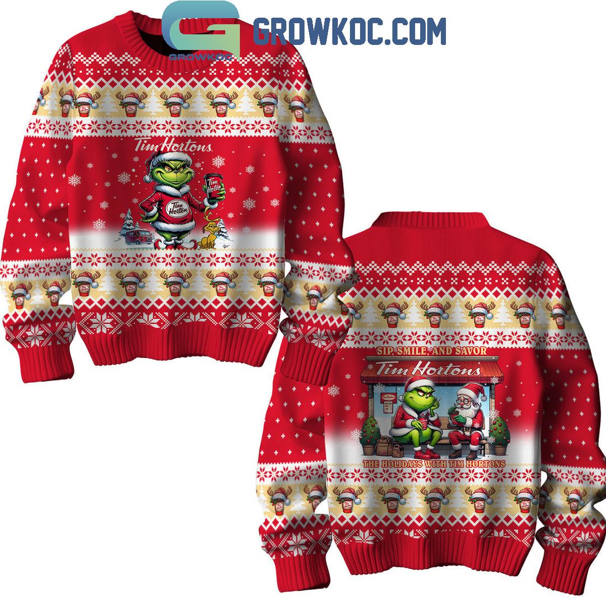Tim Hortons Sip Smile And Savor With The Grinch Christmas Ugly Sweater 1 jmIJ2