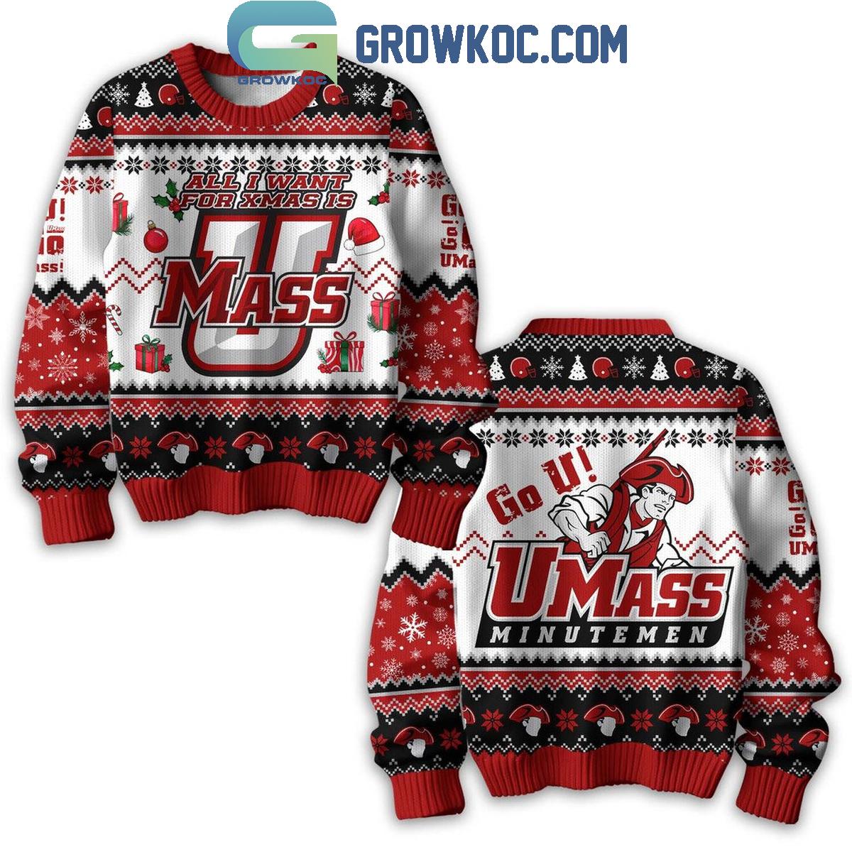 UMass Minutemen All I Want For Christmas Is Mass Ugly Sweater 1 euFs7