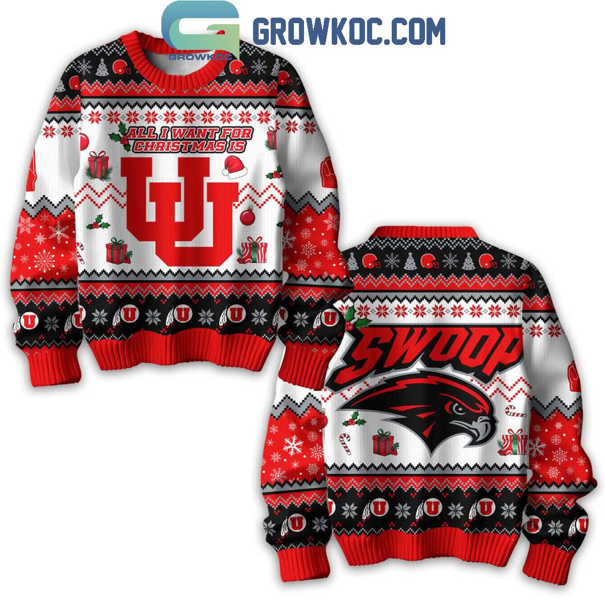 Utah Utes All I Want For Christmas Is UU Swoop Ugly Sweater 1 AhKe4