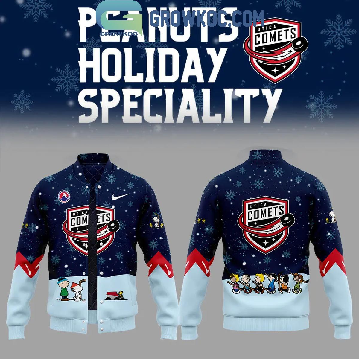 Utica Comets Peanuts Snoopy Celebrating Christmas Night Baseball Jacket 1 6s7bm