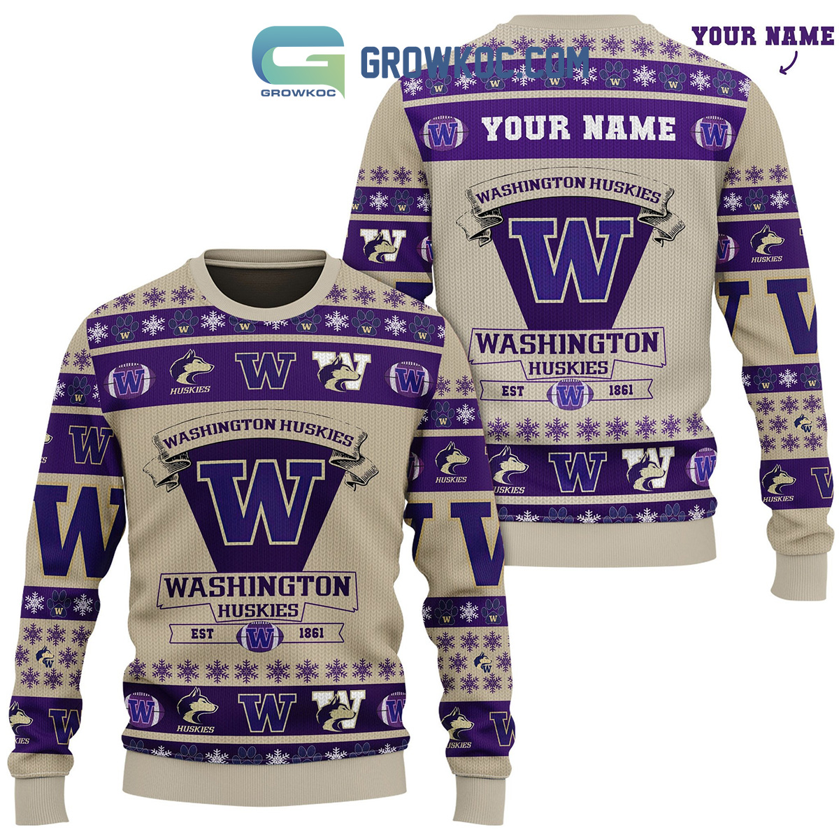 Washington Huskies Est 1861 NFL Team Christmas Custom Name Ugly Sweaters2B1 BsbMO