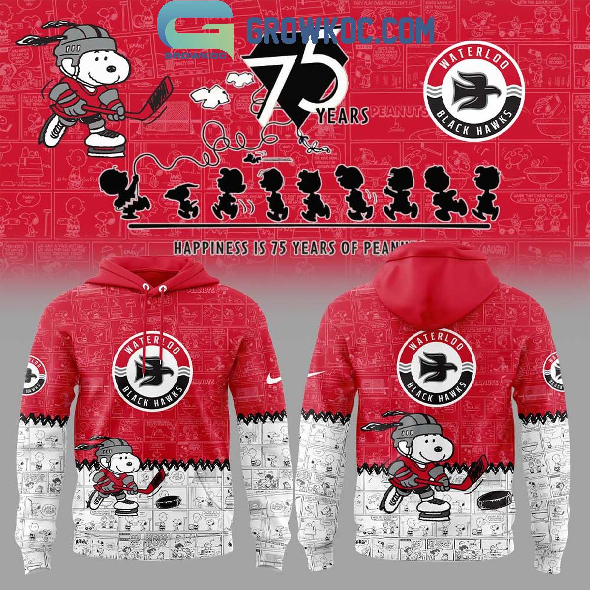 Waterloo Black Hawks 75th Anniversary Snoopy Peanuts Hoodie T Shirt 1 jPQDd