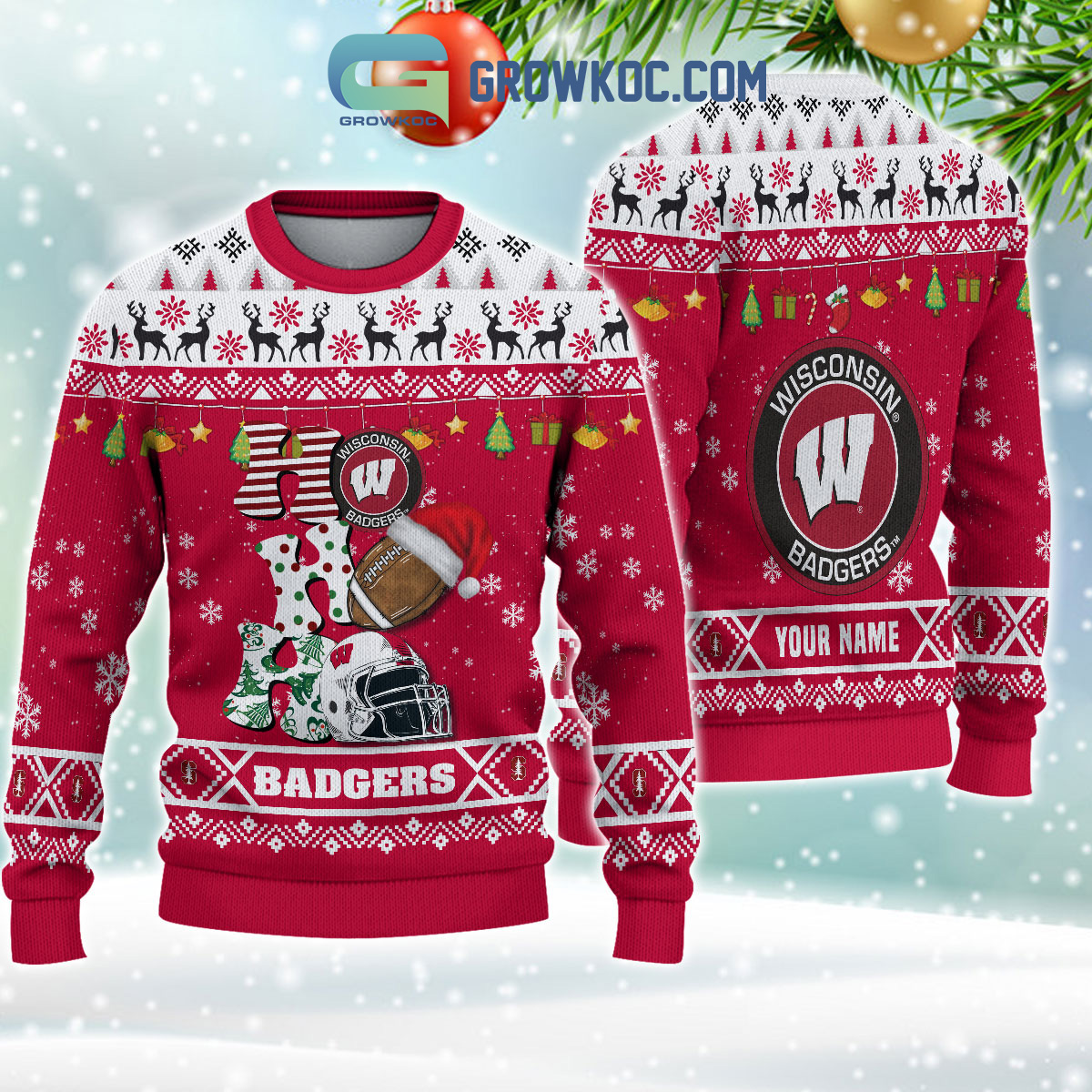 Wisconsin Badgers NCAA Ho Ho Ho Snow Christmas Personalized Ugly Sweater2B1 MTALi