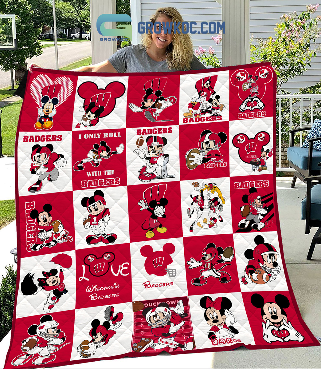 Wisconsin Badgers NCAA Mickey Disney Fleece Blanket Quilt2B1 lowfp