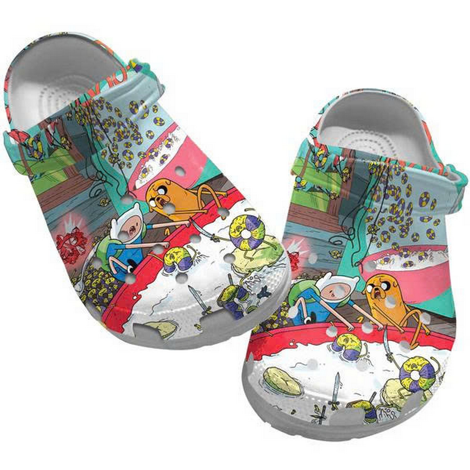 adventure time jake and finn fighting with donuts clogs for kids and adults mfqi1
