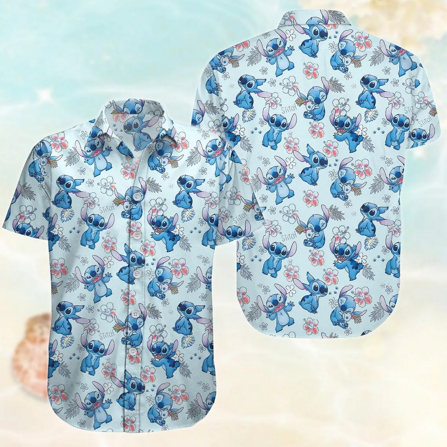 aloha stitch and tiny tropical flower blue hawaiian shirt akbnq
