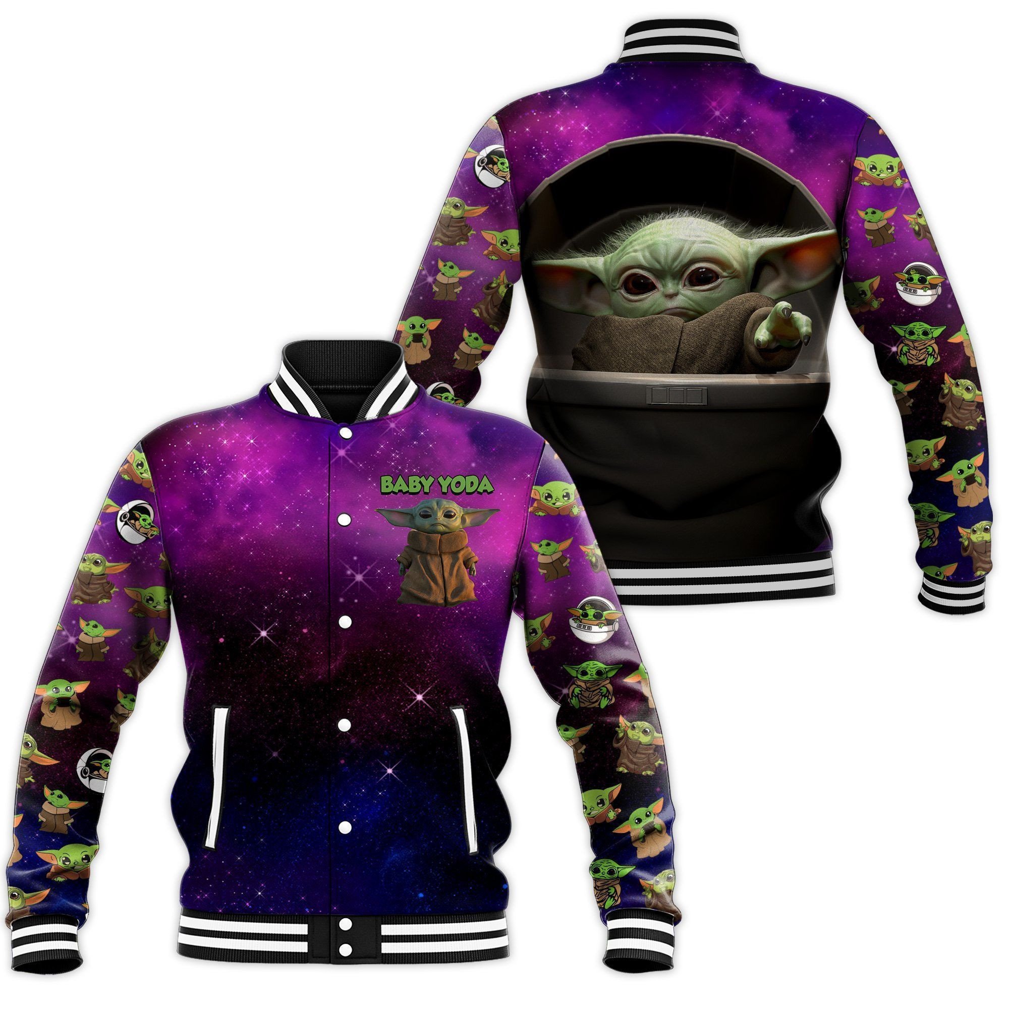 baby yoda playful pattern purple galaxy baseball jacket r3wkx