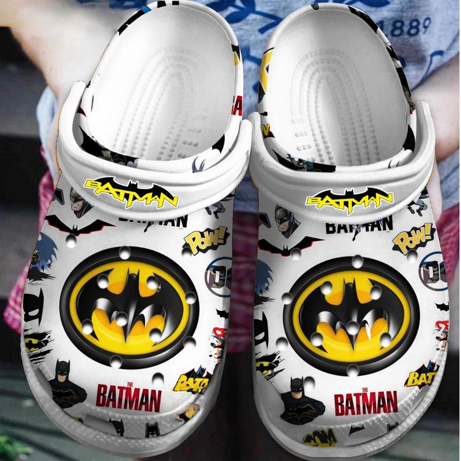 batman logo dc comics limited white clogs for kids and adults vvloq