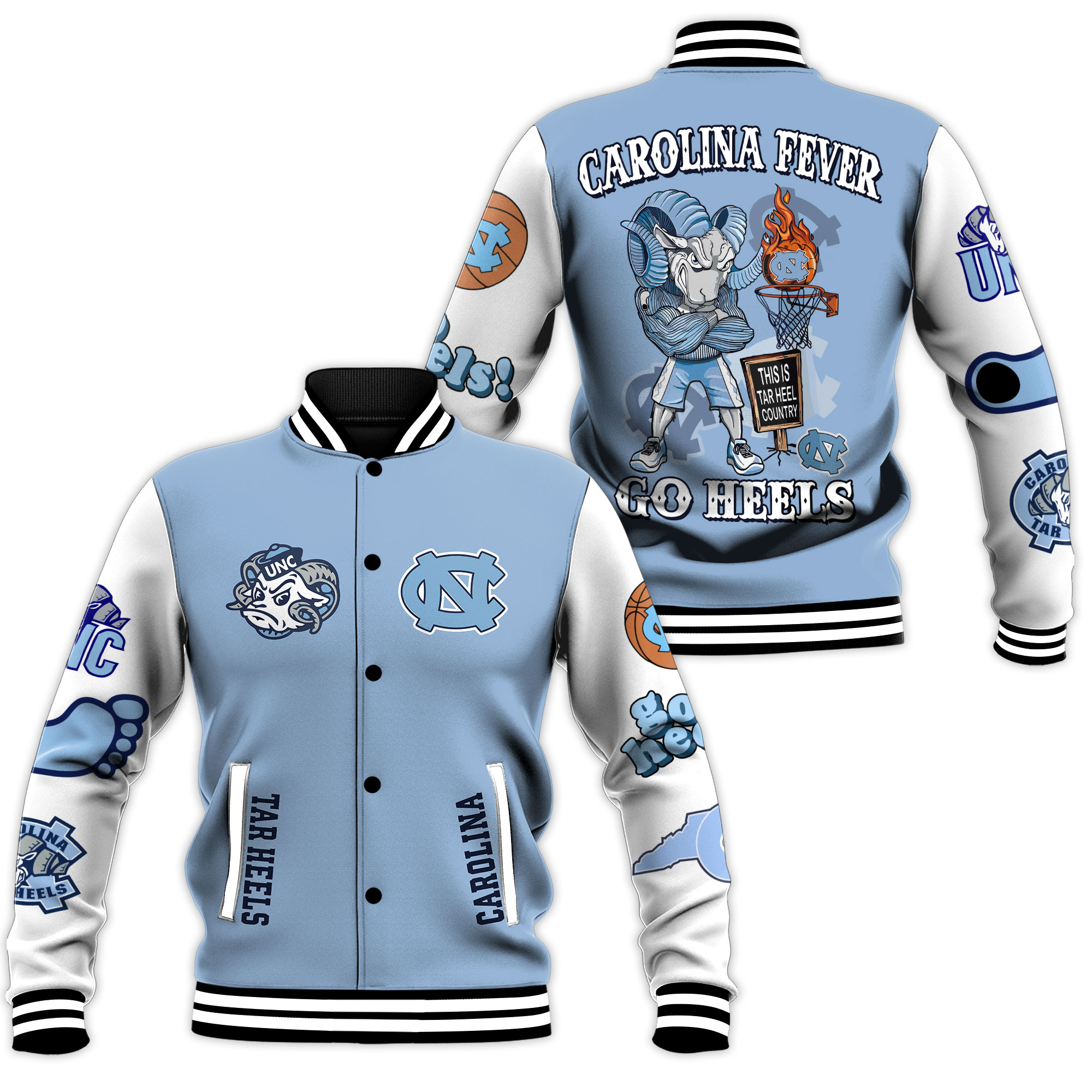 carolina fever go tar heels light blue baseball jacket s5amd