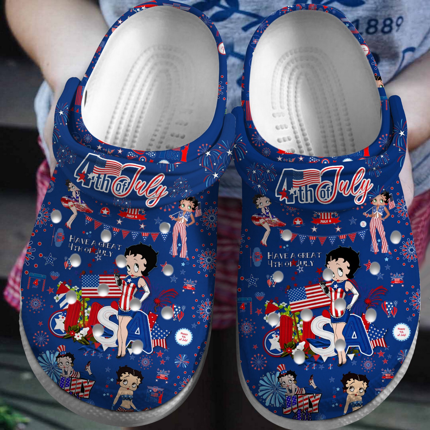 charming betty boop cheering 4th of july independence day blue clogs fast shipping service available xfvaw