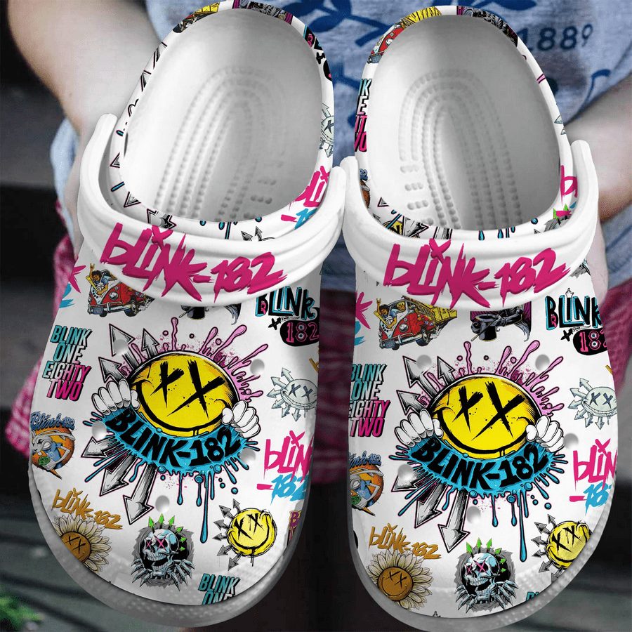 colorful blink 182 music white clogs for kids and adults a6gv3