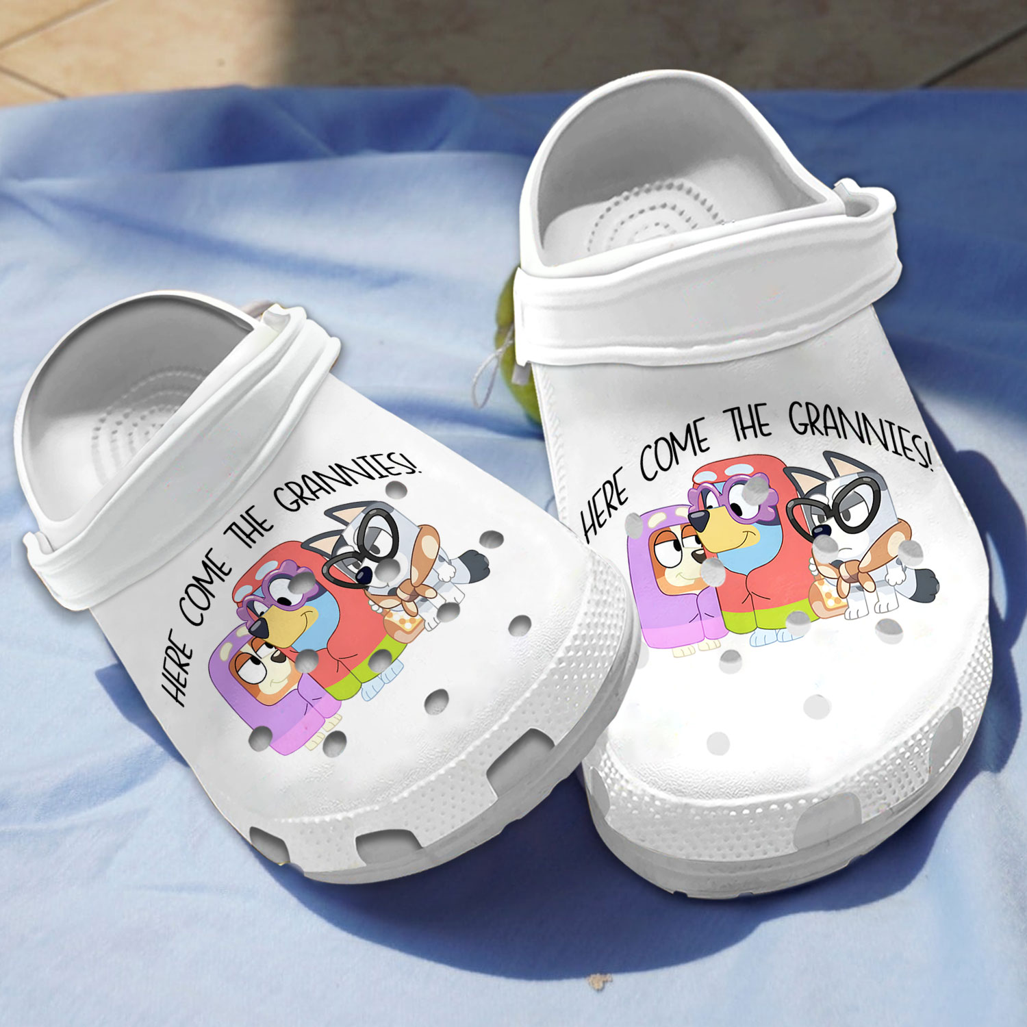 comfortable here come the grannies bluey white clogs for kids 26 adults dw8nm