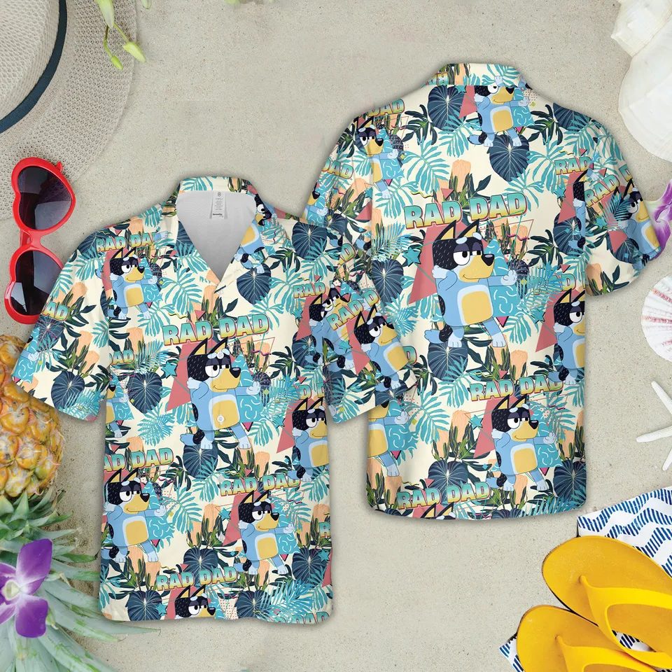 cool rad dad summer style bluey cartoon hawaii shirt j2wyf
