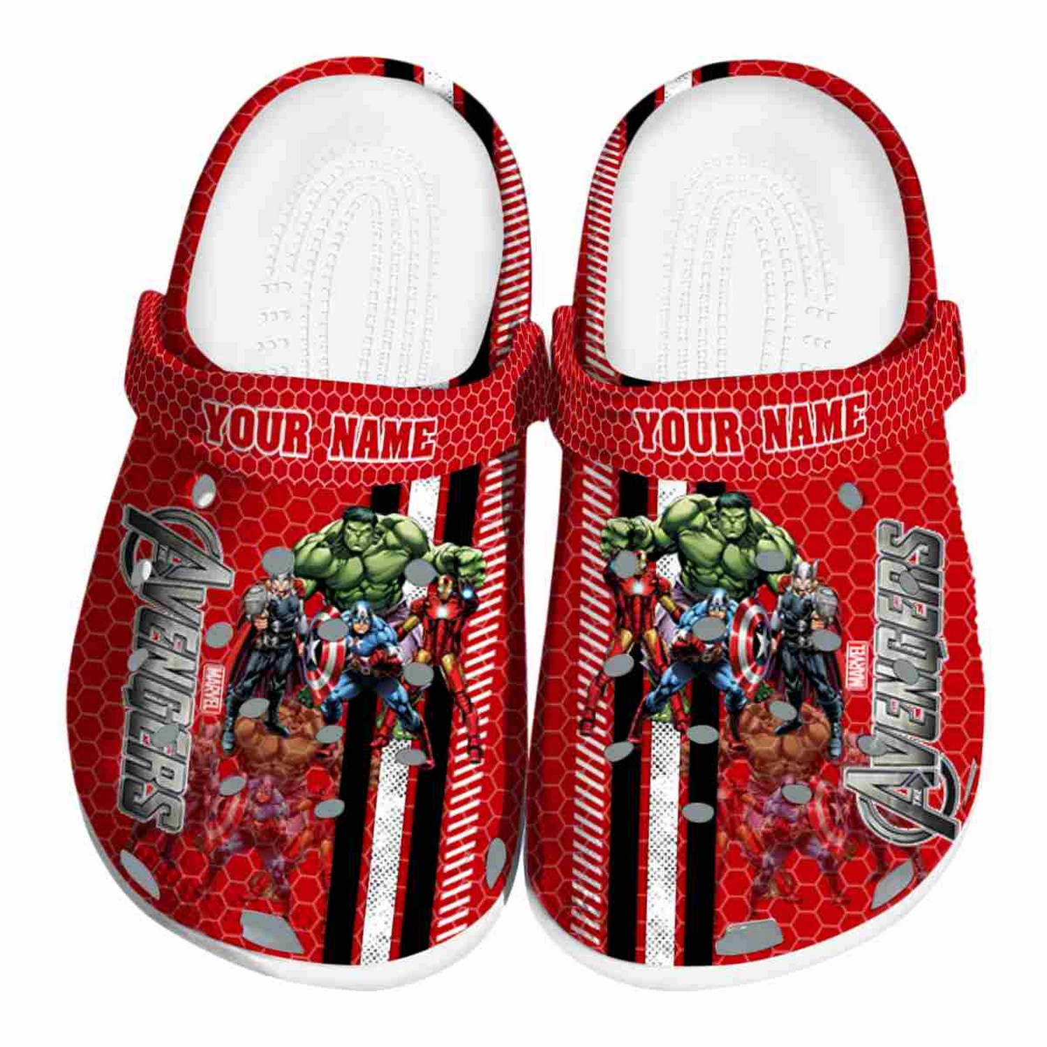 custom name avengers contrasting stripes clogs for kids 26 adults fk696