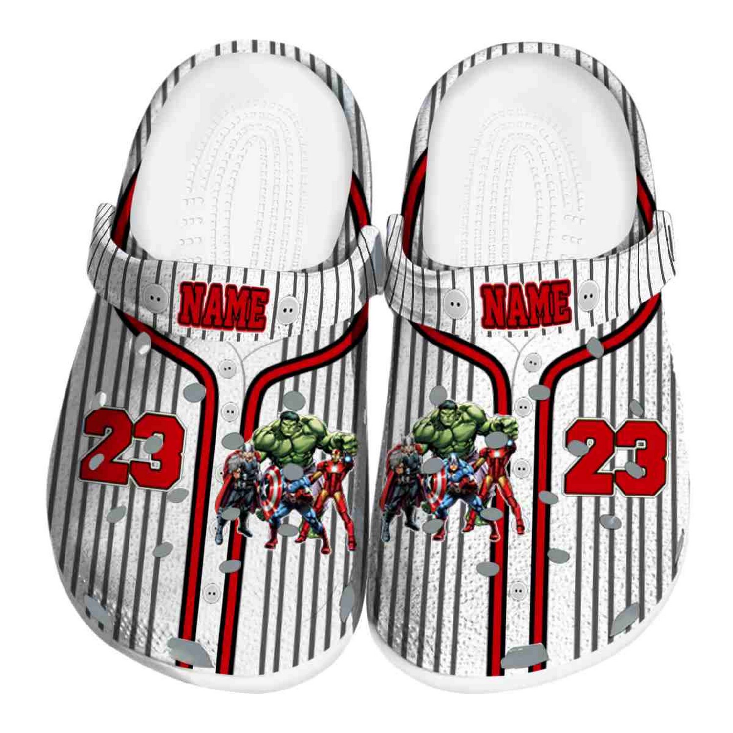 custom name avengers pinstripe pattern clogs for kids and adults ytle9