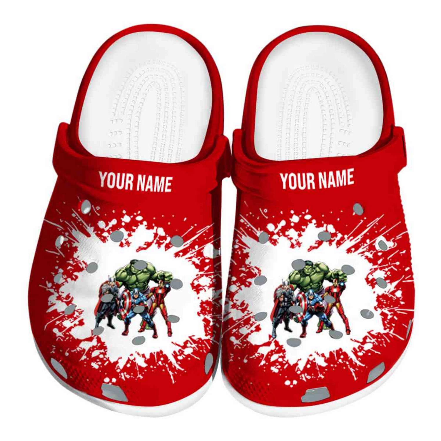 custom name avengers splatter background clogs for kids 26 adults cth5i