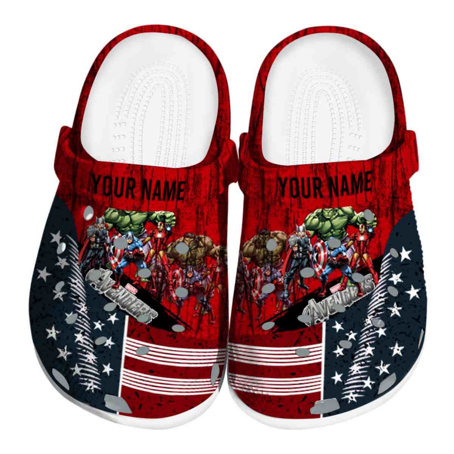 custom name avengers star spangled side pattern clogs for kids and adults rxdii