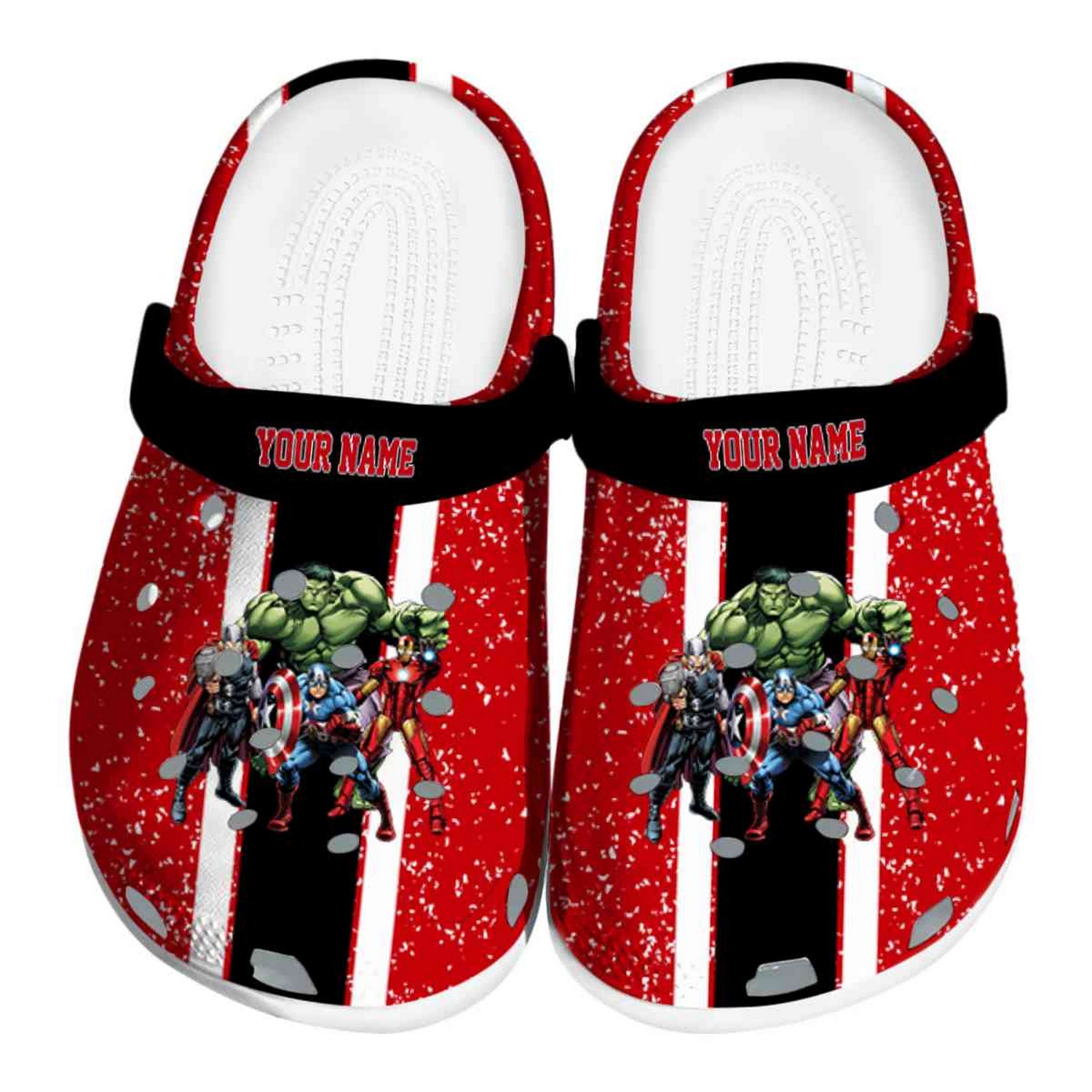 custom name avengers vertical stripes clogs for kids and adults vjuxm