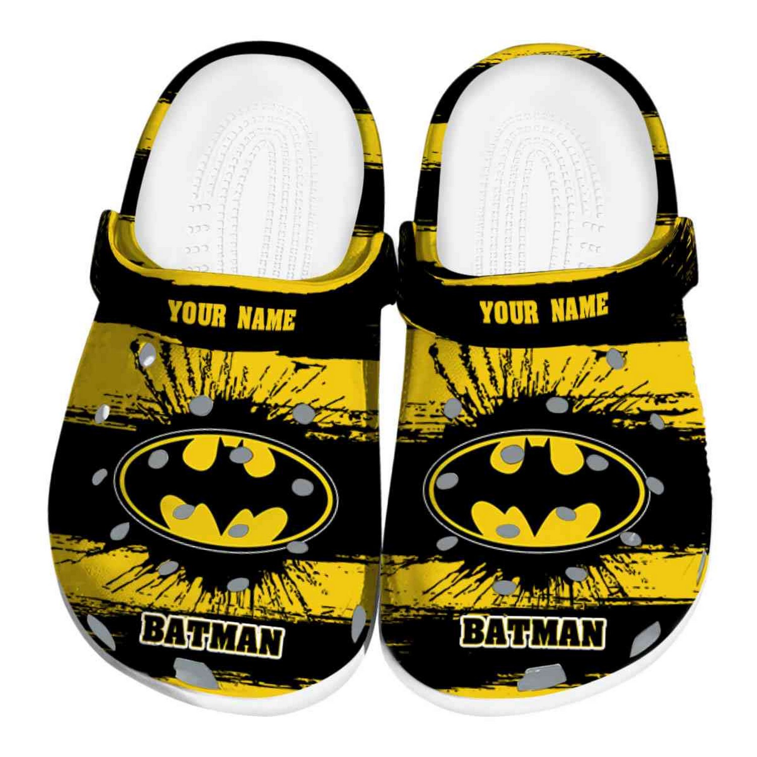 custom name batman paint splatter graphics clogs for kids and adults rqdsv