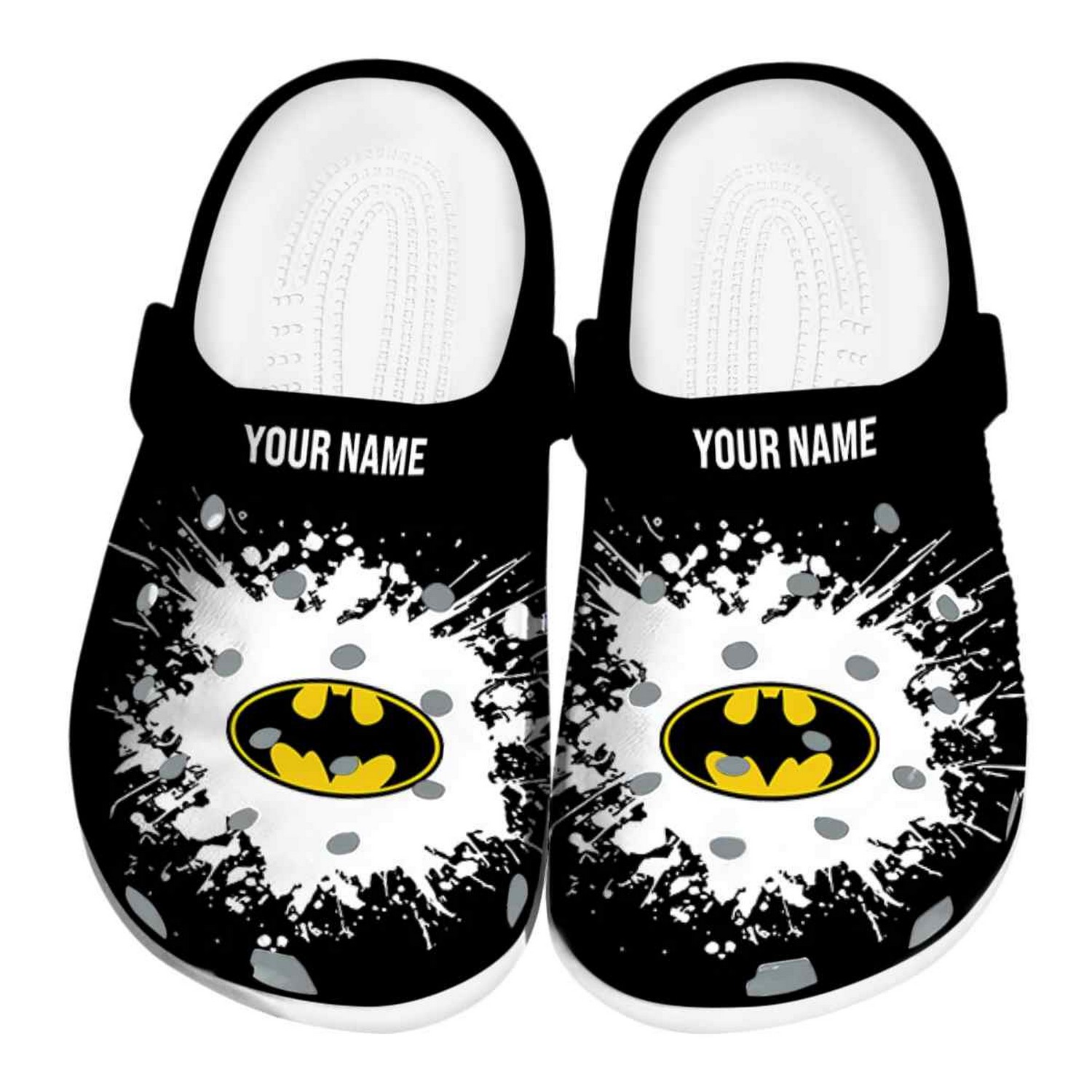 custom name batman splatter background clogs for kids and adults nfn0r