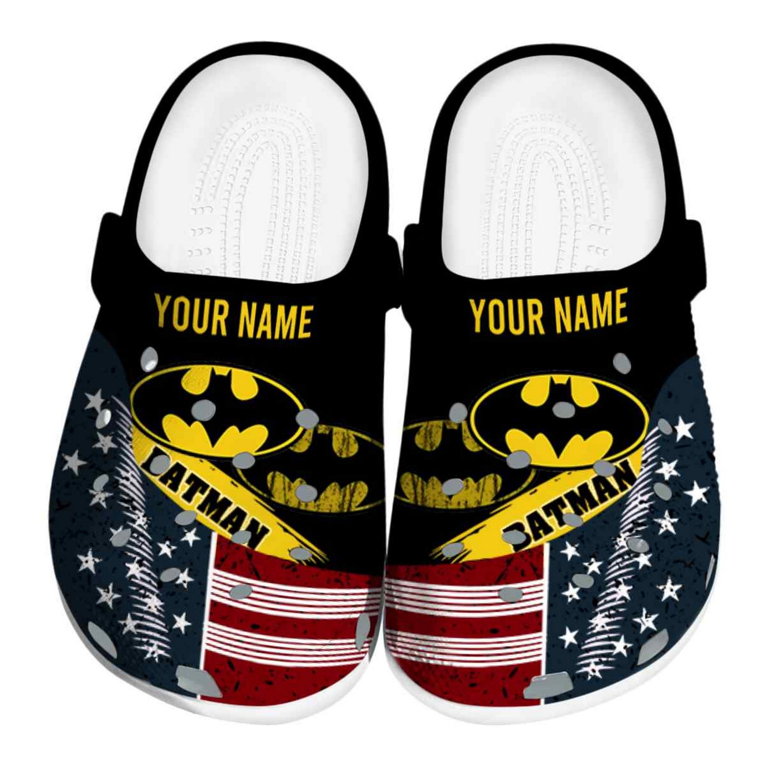 custom name batman star spangled side pattern clogs for kids 26 adults n27kr