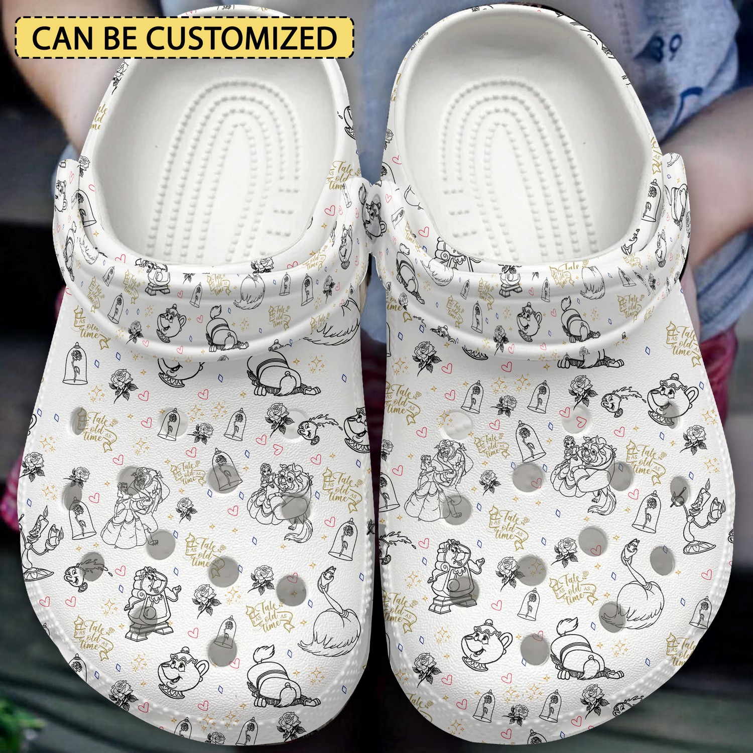 custom name beauty and the beast disney cartoon tiny patter white clogs fast shipping available xivw3