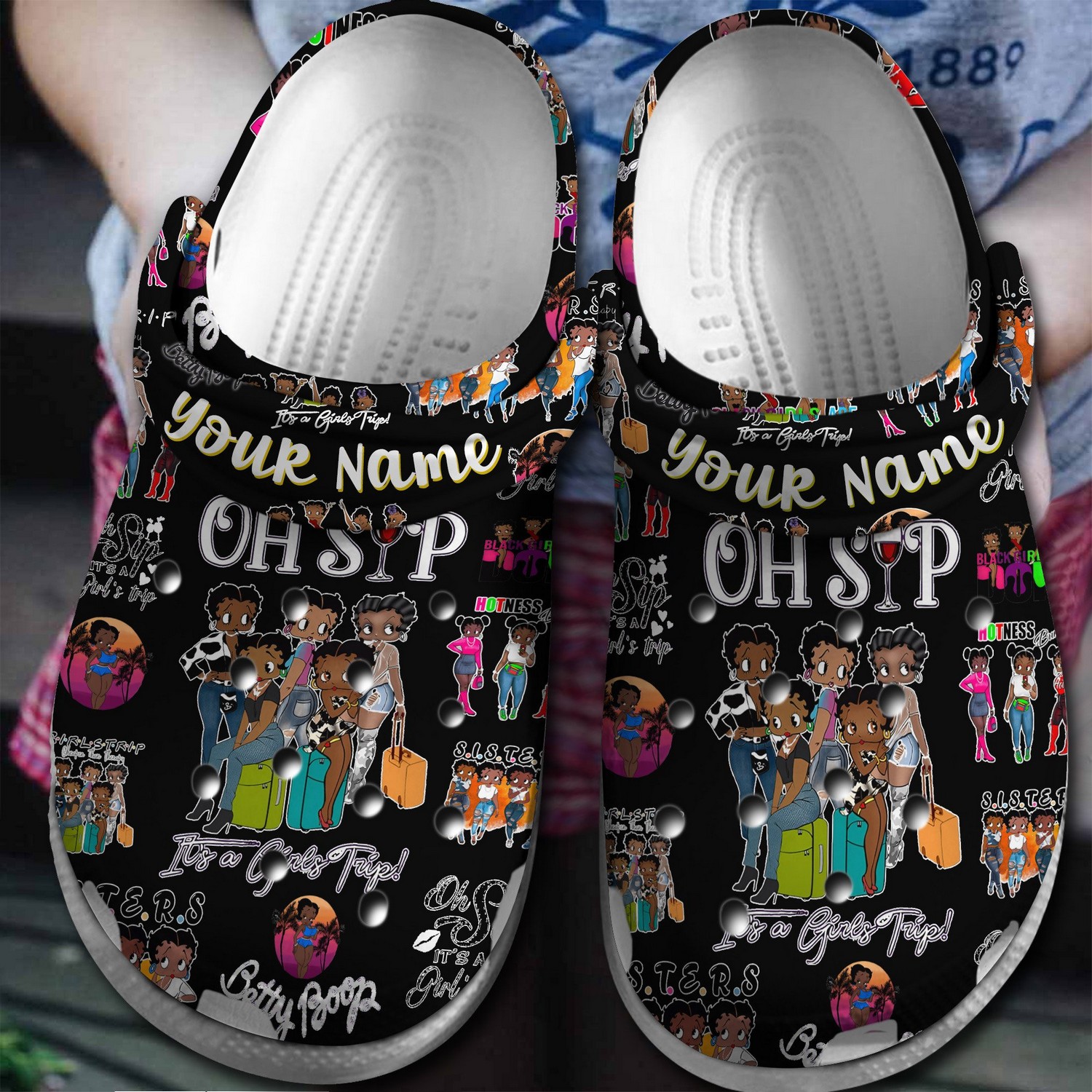 custom name betty boop oh sip cartoon black clogs for kids and adults kruua