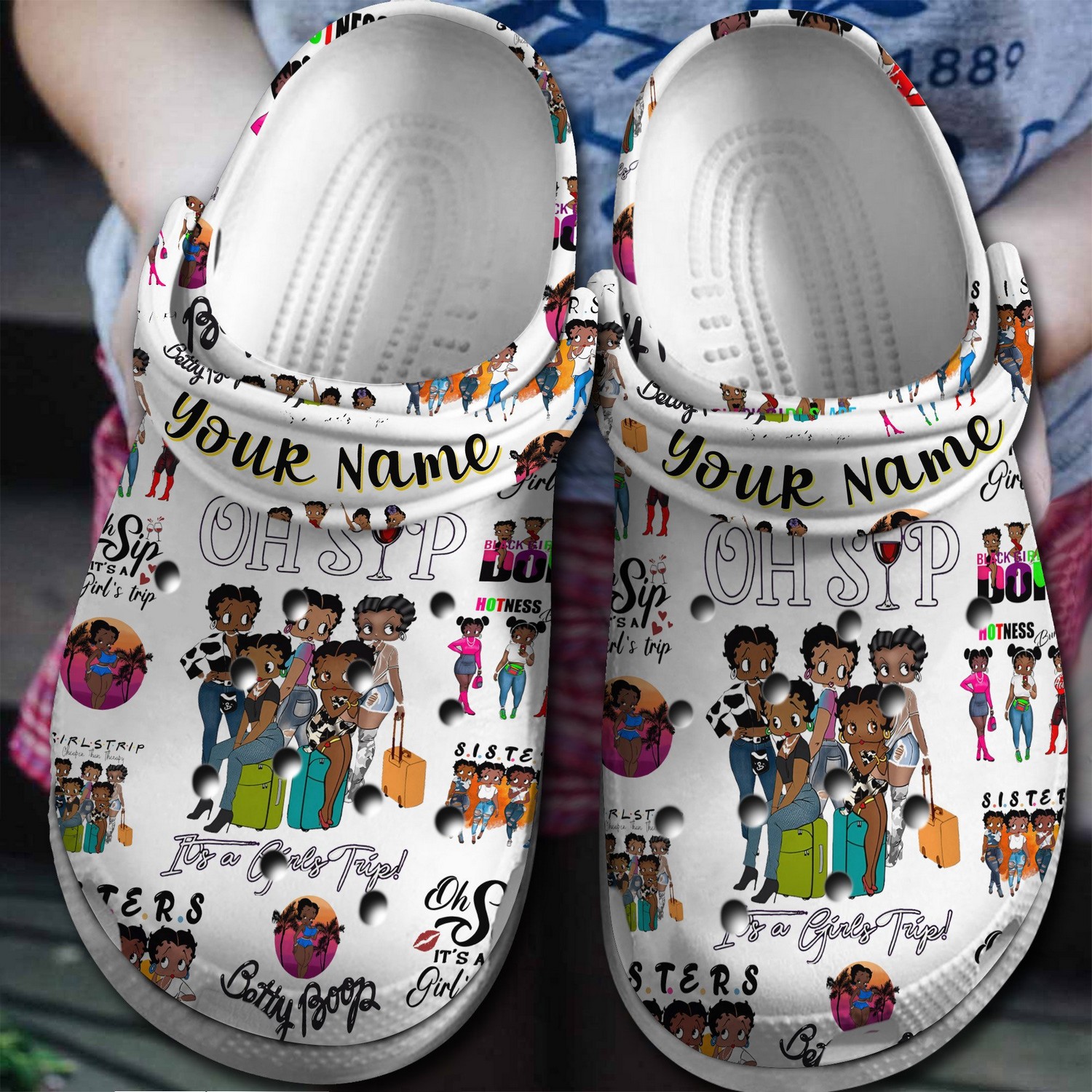 custom name betty boop oh sip cartoon white clogs for kids and adults n4lrs