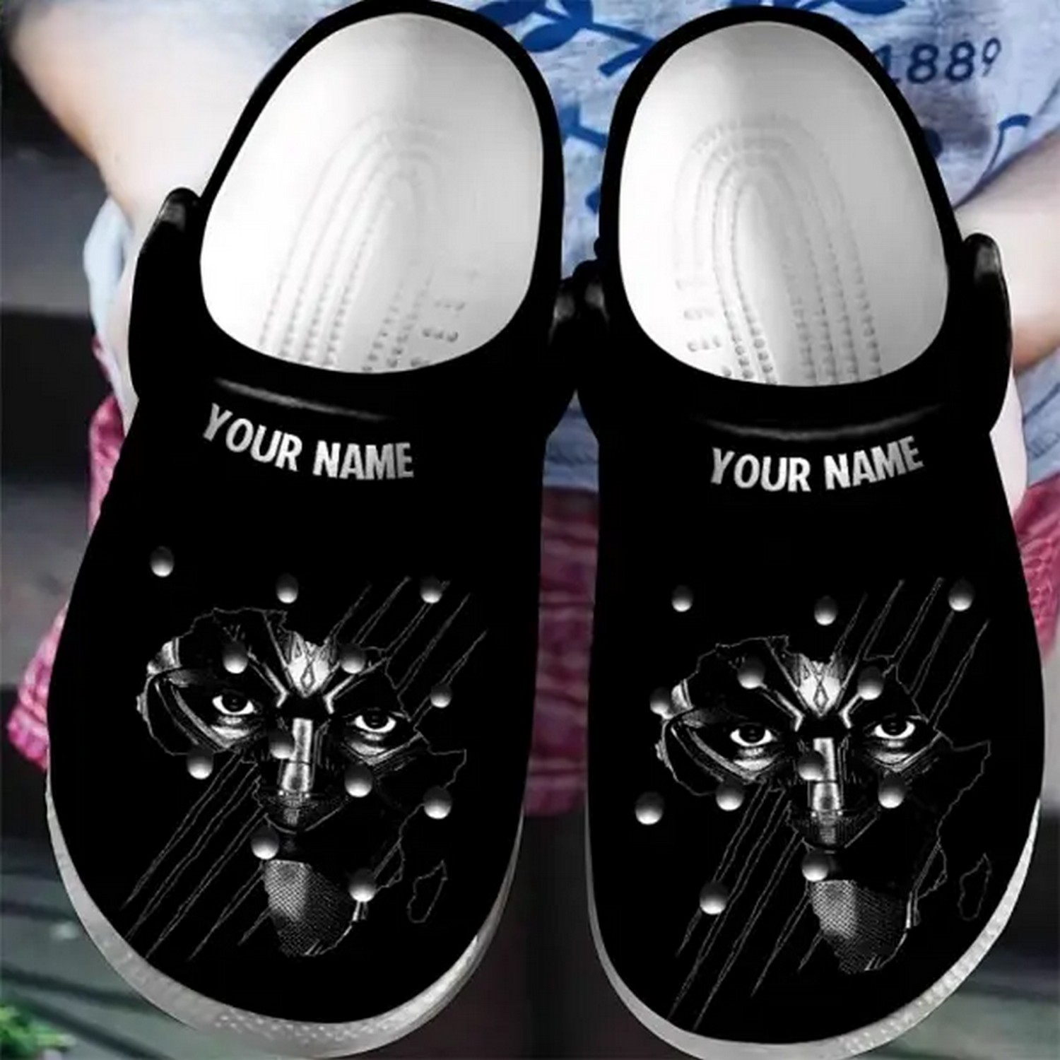 custom name black panther black mark clogs for kids and adults msr8m