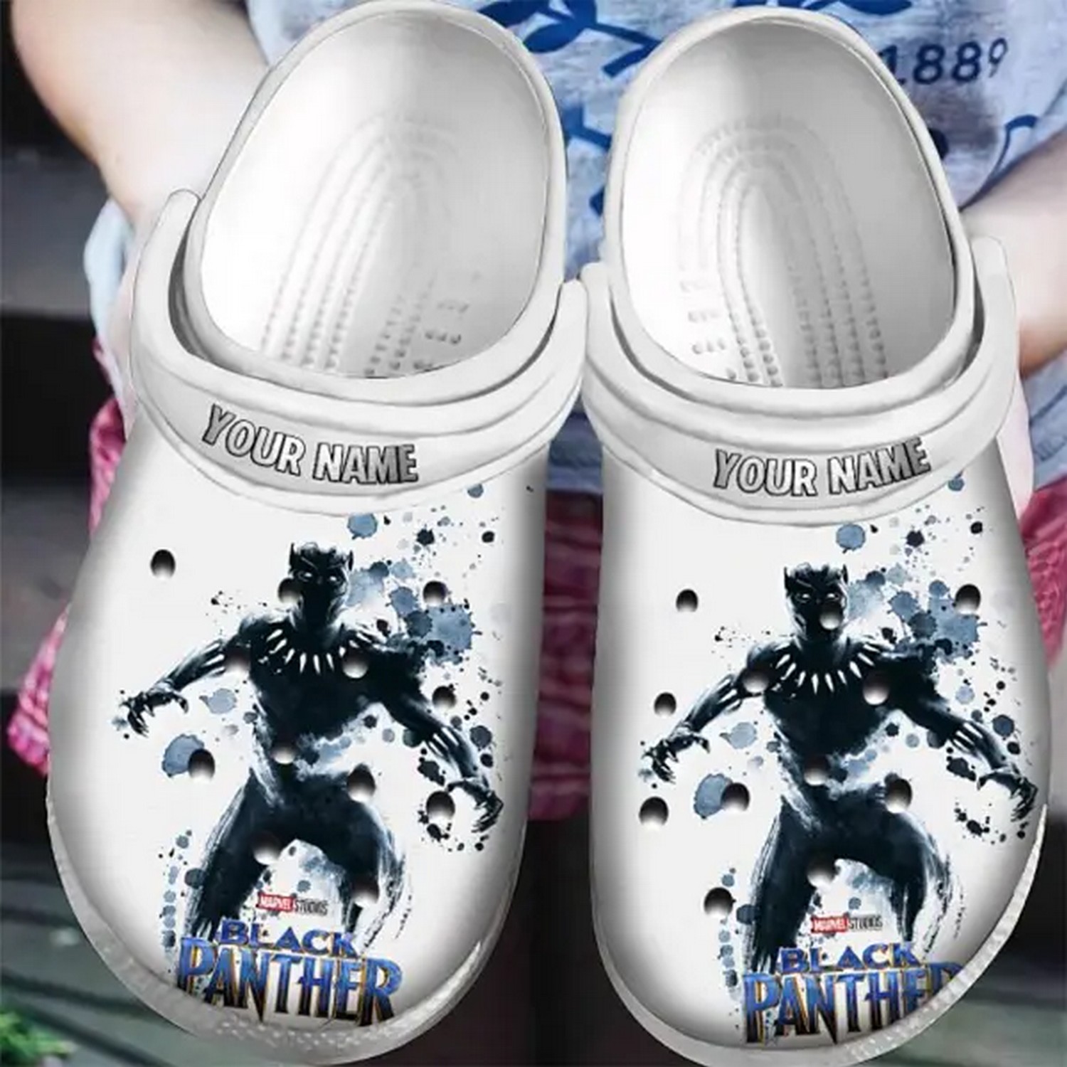 custom name black panther black painting white clogs for kids 26 adults 9wbir