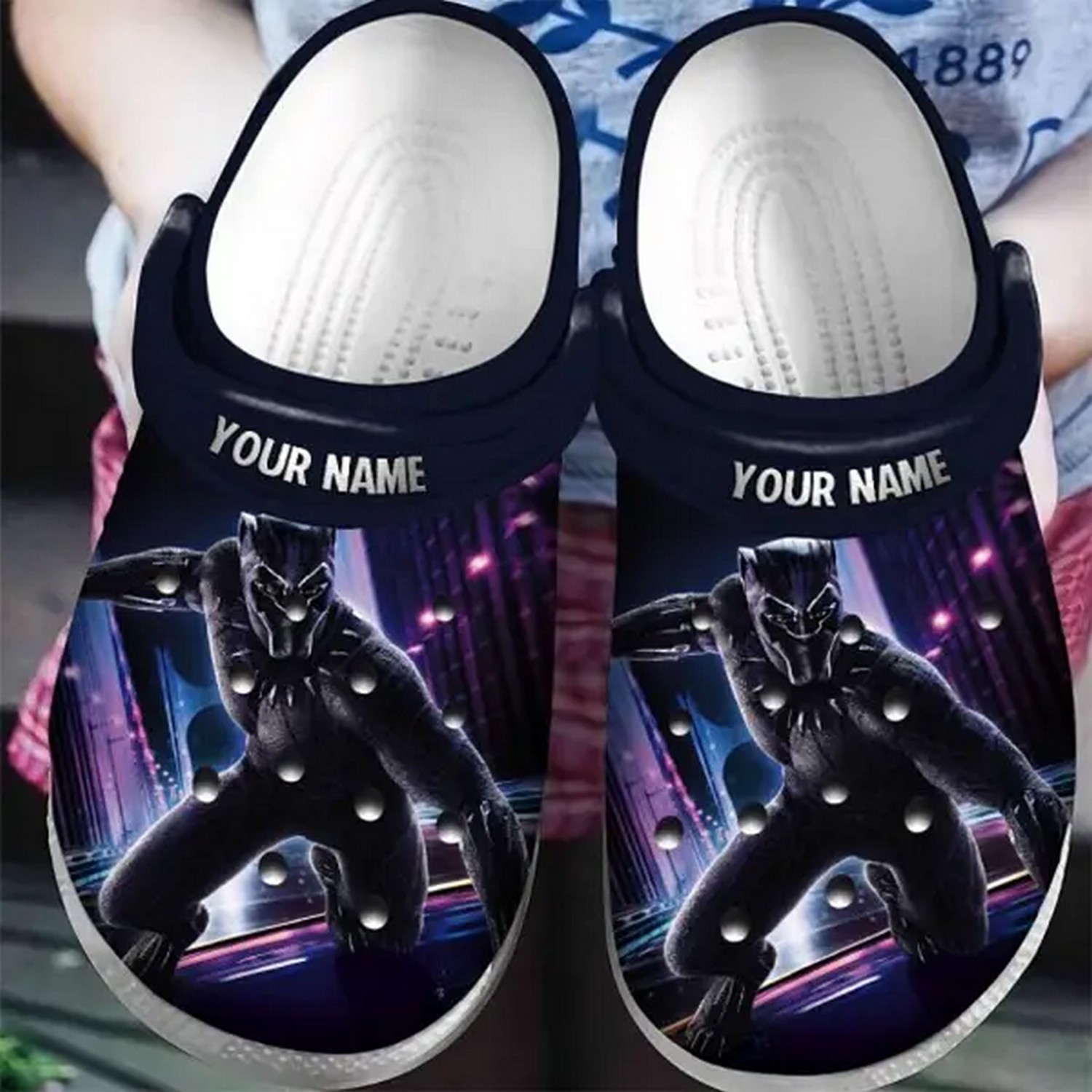 custom name black panther in city clogs for kids 26 adults 7wqqo