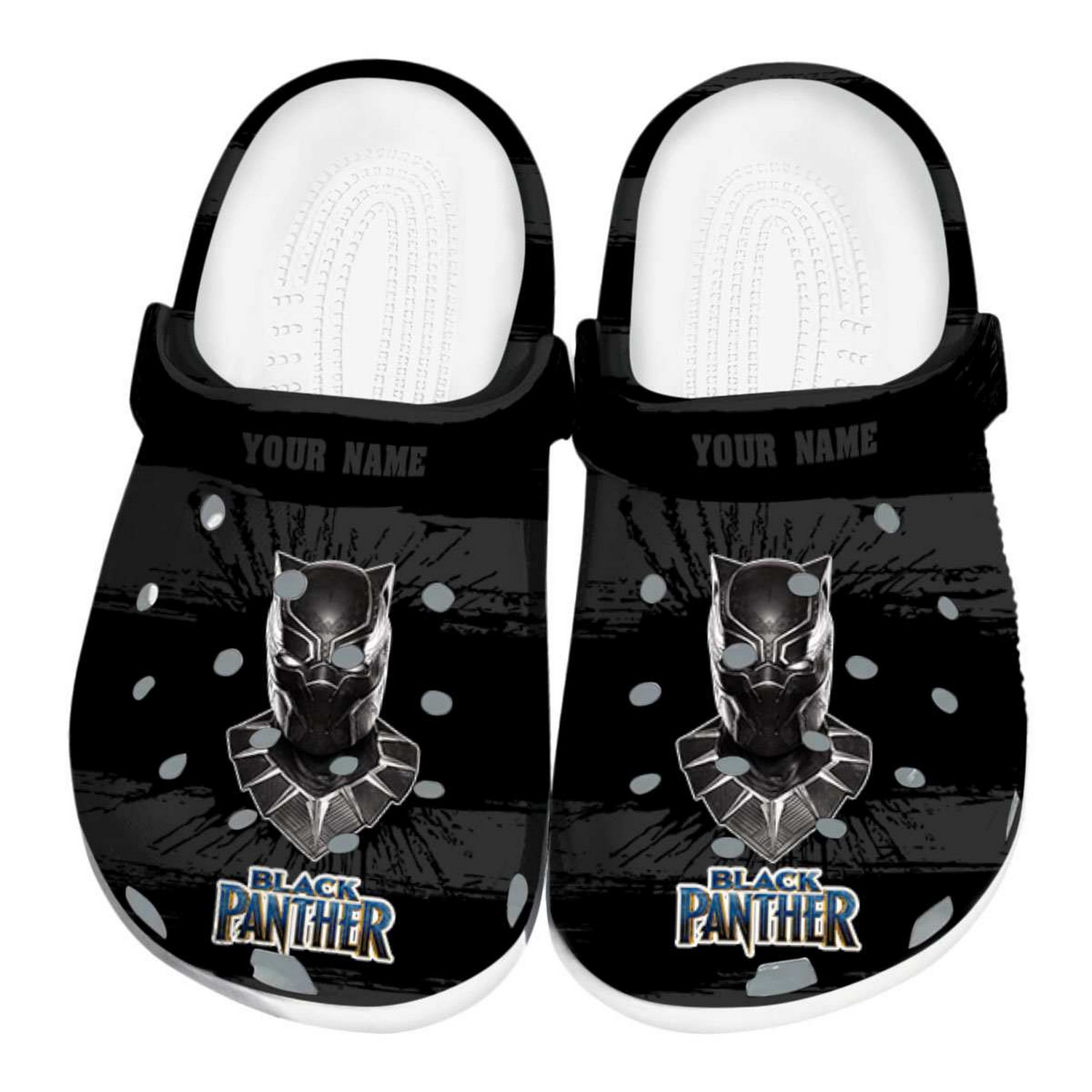 custom name black panther paint splatter graphics clogs for kids and adults btlyp