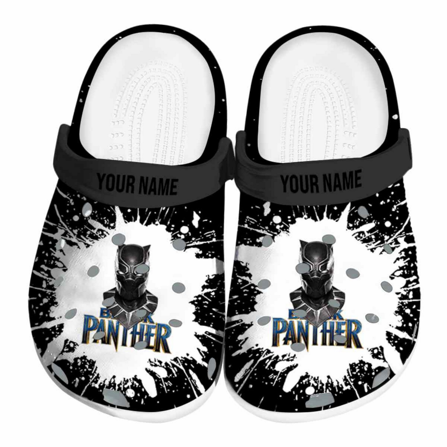 custom name black panther splash art clogs for kids and adults yfz0r