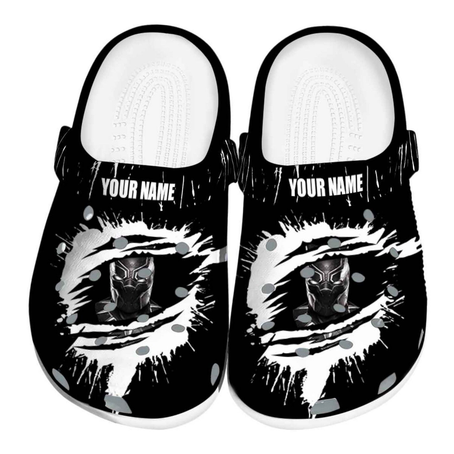 custom name black panther splash motif background clogs for kids and adults ih5rh