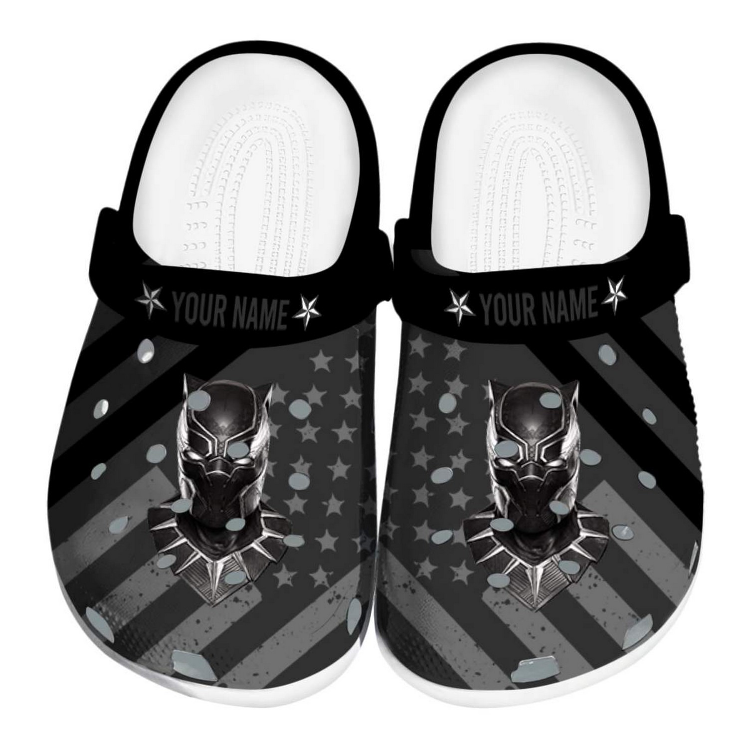 custom name black panther star spangled graphic clogs for kids and adults pz6ql