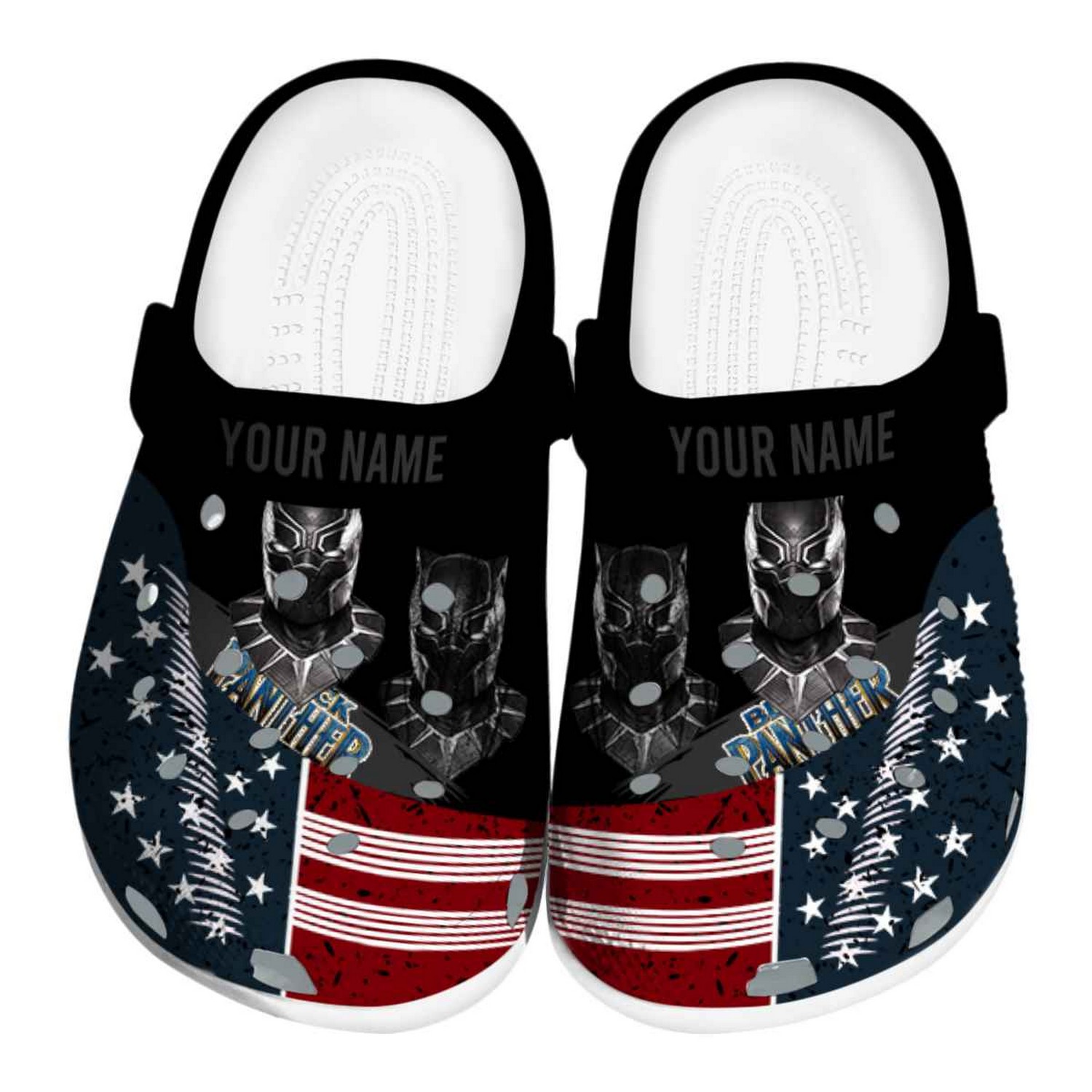 custom name black panther star spangled side pattern clogs for kids 26 adults fmpab