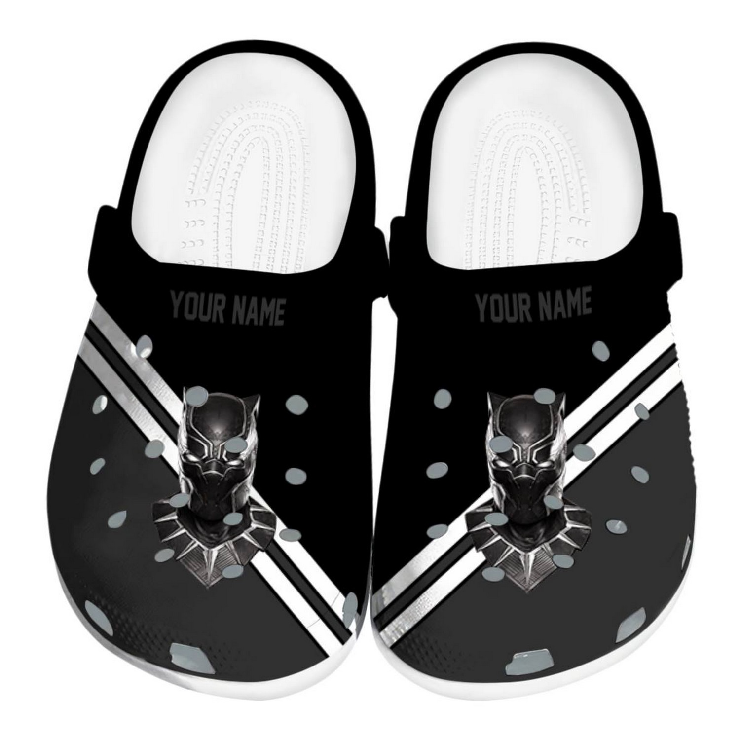 custom name black panther striped accents clogs for kids and adults x6e5f
