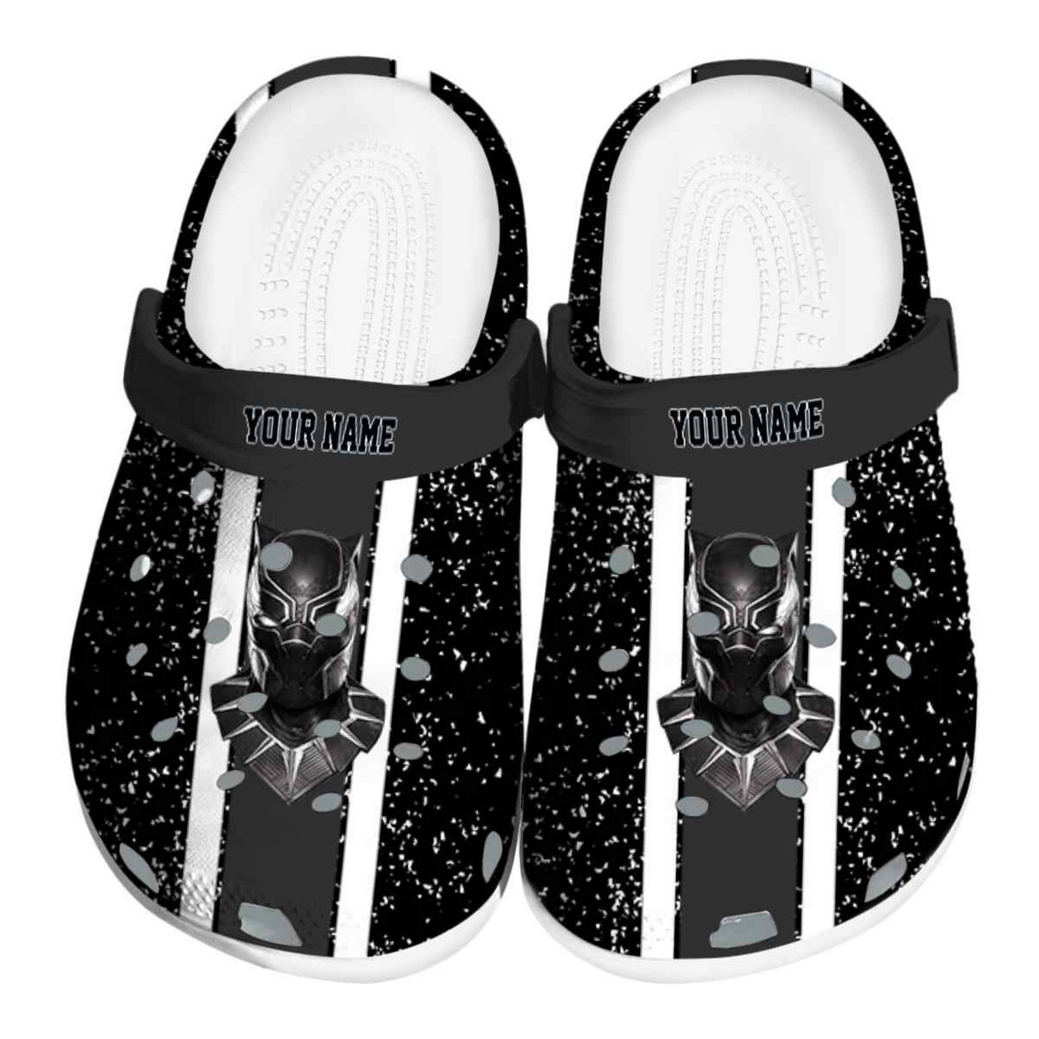 custom name black panther vertical stripes clogs for kids and adults 4dcbr