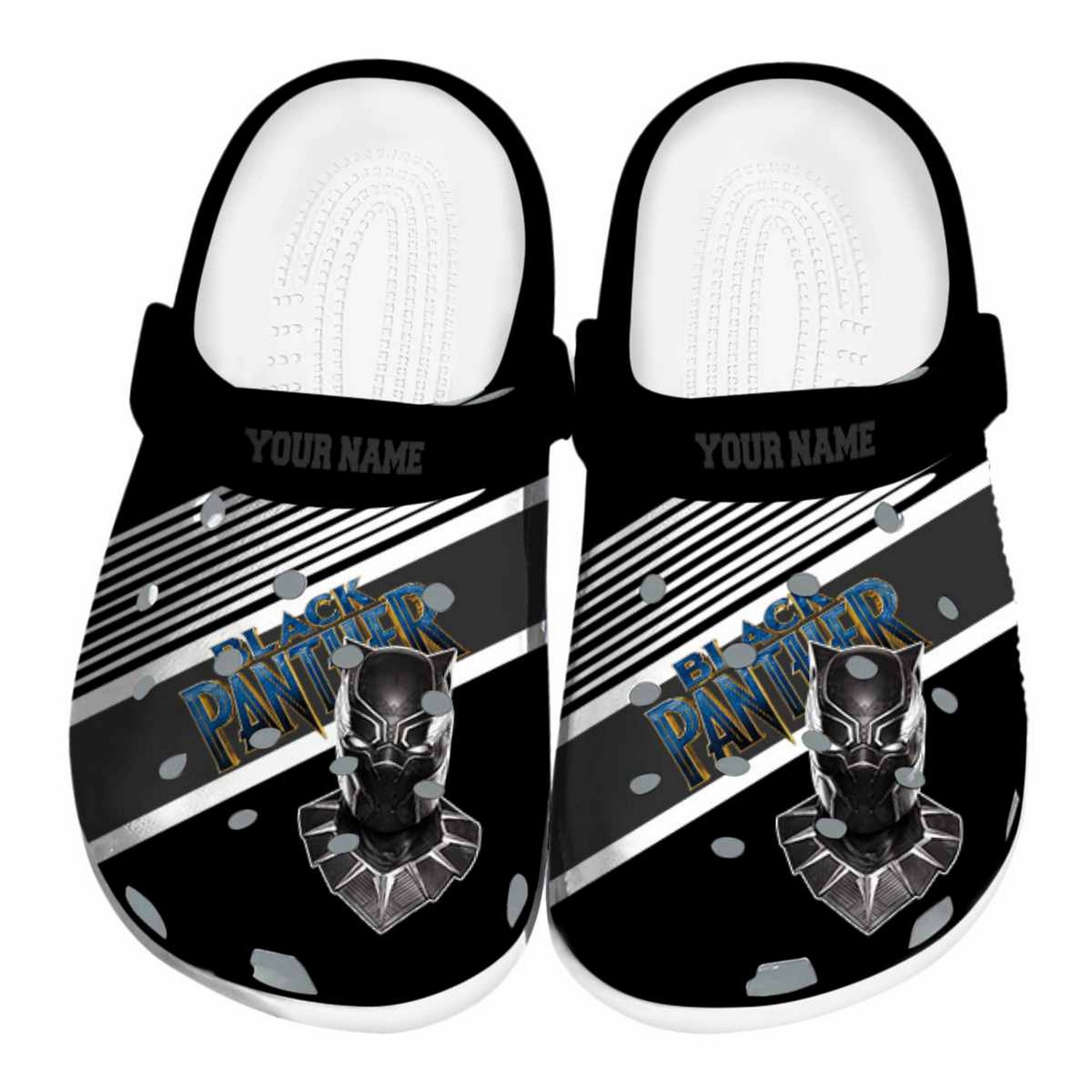 custom name black panther vibrant dual tone clogs for kids and adults zppje