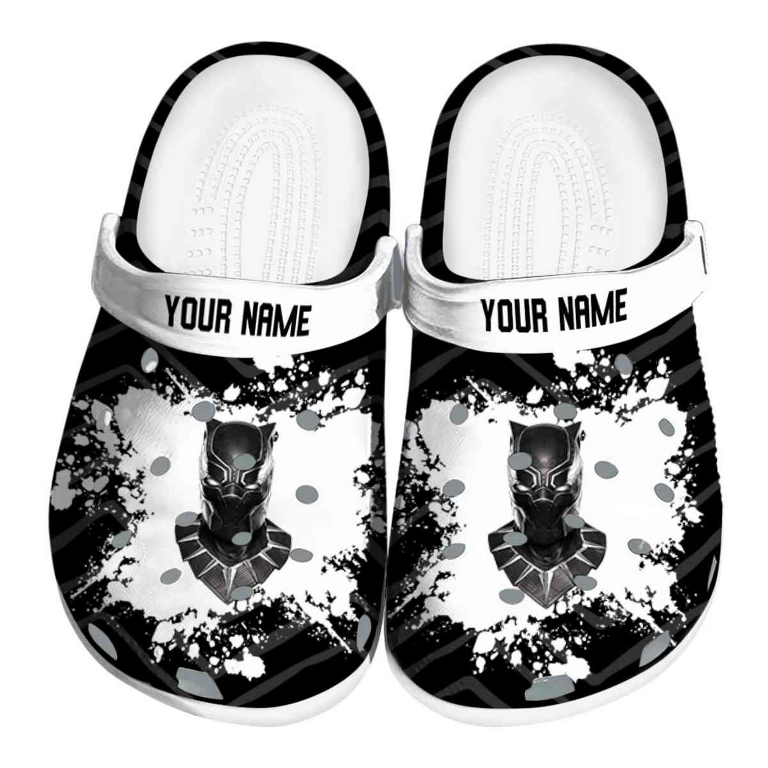 custom name black panther zigzag paint burst clogs for kids and adults npgil