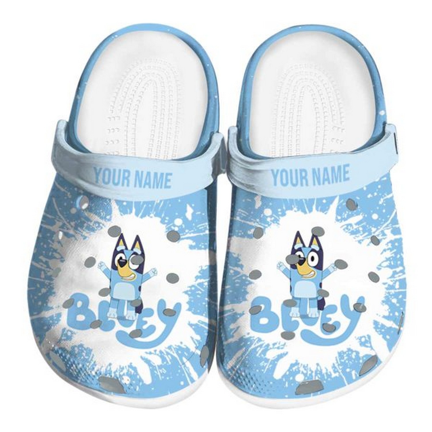 custom name bluey splatter background clogs for kids and adults fast shipping o9dit